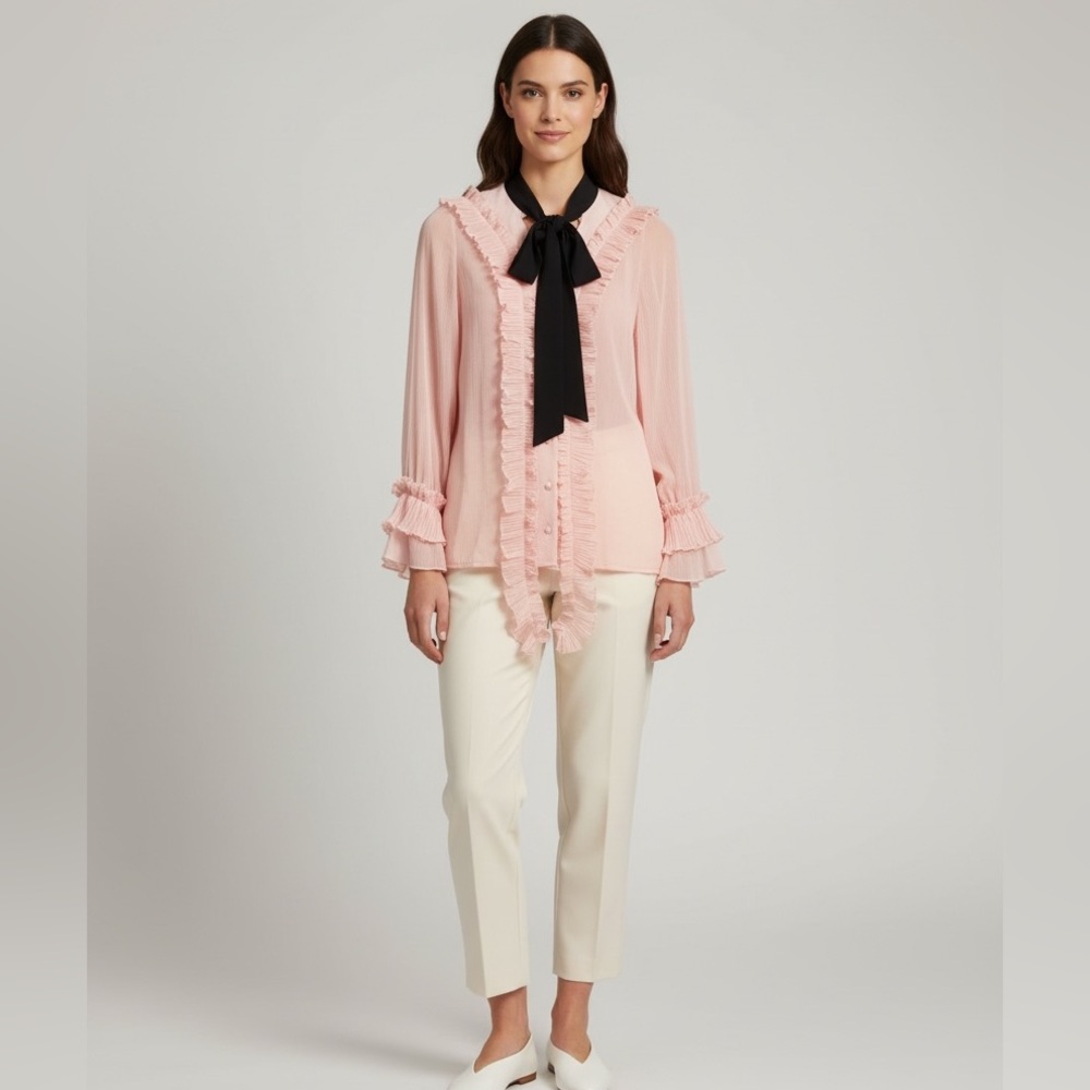 Storets Women’s Dusty Pink pleated Ruffle Tie-Neck Blouse.Size  L